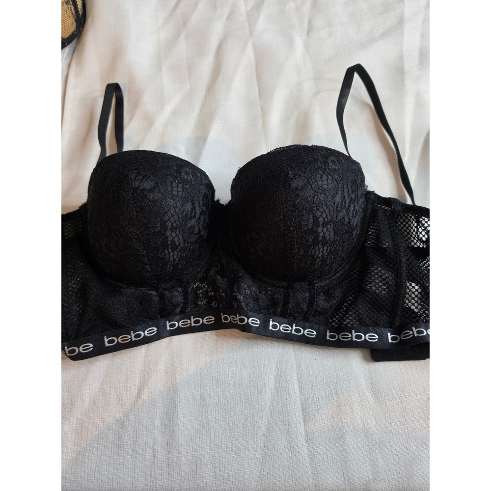 Bebe Intimates Black Lace Mesh Longline Underwire Bra 36D Logo Band